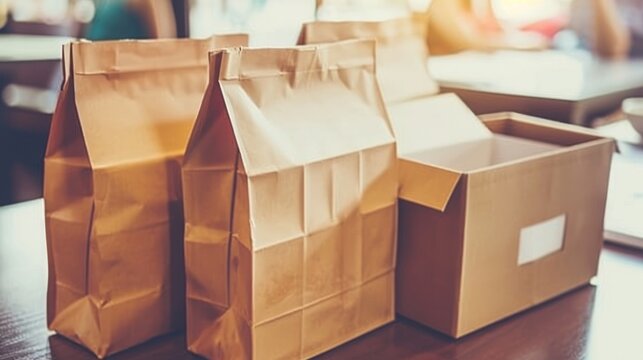 Bolsas y cajas de papel marr&oacute;n sobre una mesa, promoviendo el uso de envases sostenibles.
