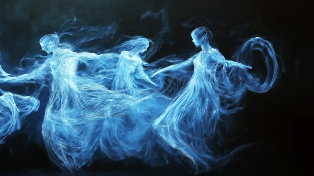 3D animation of an abstract figure shrouded in flowing blue smoke-like waves