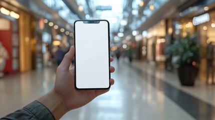 blank screen mobile phone mockup in hand, blurred shopping mall background offering a perfect scene for product display