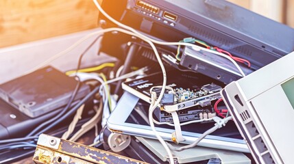 Residuos electr&oacute;nicos apilados, mostrando dispositivos antiguos y cables, listos para ser reciclados.