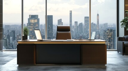 Plakat A modern office with a view of a city skyline at dusk.