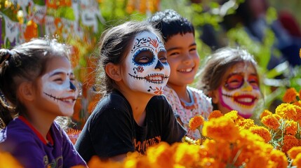 A young girl who has her face painted to look like a sugar skull, wearing a black and white dress decorated with marigolds, posing for a photo in the famous 'Day of the Dead' style.