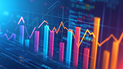A graphic showing a financial growth chart with upward arrows and bar graphs. 