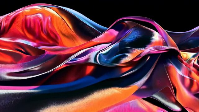 Vibrant 3d flowing fabric with neon lights reflecting on its surface, creating an abstract, colorful, and futuristic texture