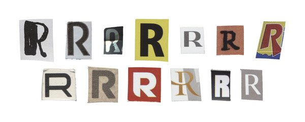 Set of isolated cut-out letter “R” from magazines on a transparent background, retro y2k style