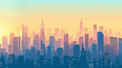 Fototapeta premium A vibrant digital illustration of a city skyline with a massive sun setting behind