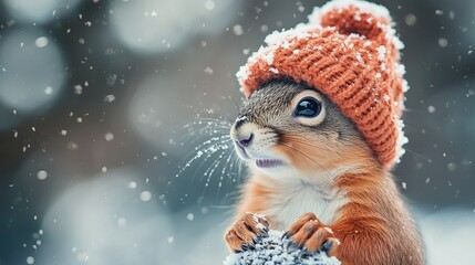 Obraz premium charming squirrel in a cozy knitted hat on a snowy morning, creating a cute and festive scene