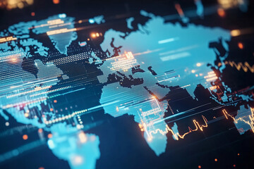 Global economy visualization, interconnected continents with glowing trade routes, financial markets, and stock exchanges, high-tech design