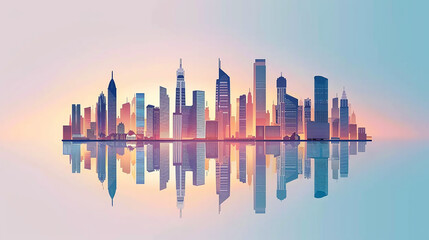 Fototapeta premium A vibrant digital illustration of a city skyline with a massive sun setting behind