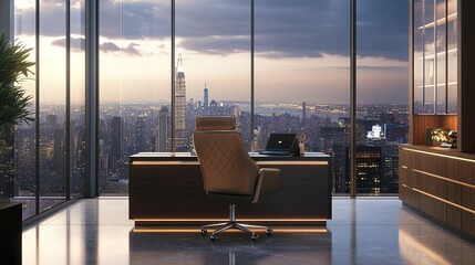 Plakat A modern office with a view of a city skyline at dusk.