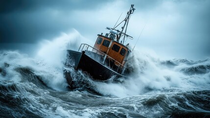 A photo of a storm-tossed boat struggling against heavy waves and strong winds at sea, illustrating the challenges and dangers of maritime storms.