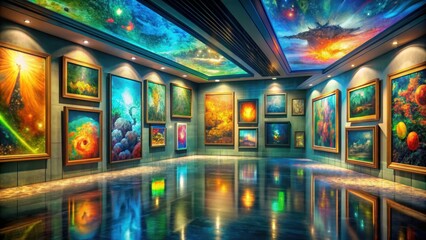 Fantasy gallery filled with vibrant and imaginative artwork, fantasy, gallery, vibrant, imaginative, artwork