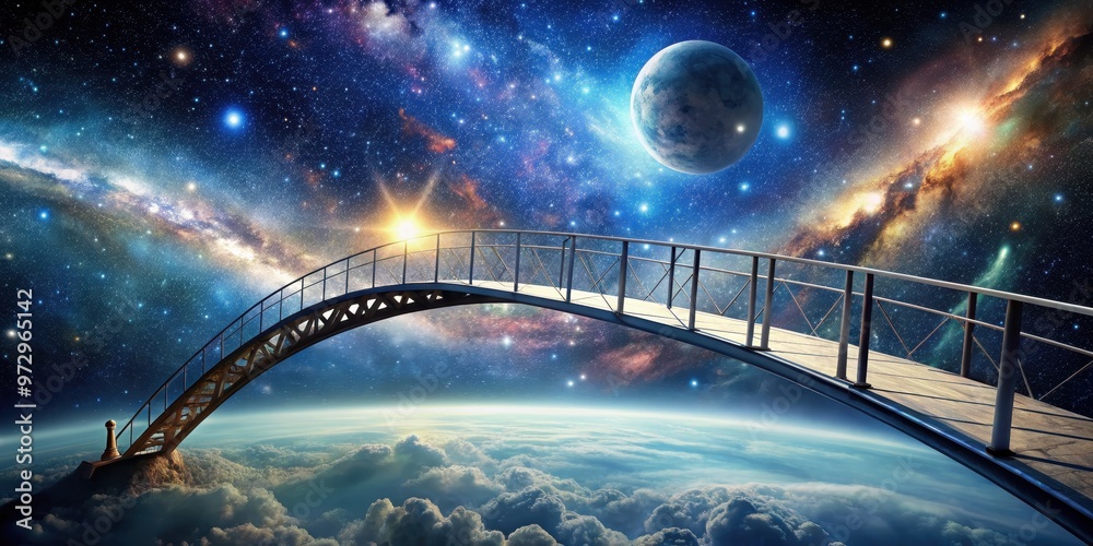 Wall mural fantasy bridge spanning through outer space, fantasy, space, bridge, futuristic, rendering, cosmic, 