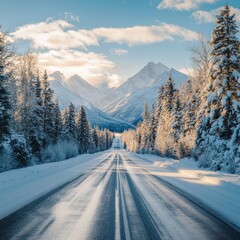 Fototapeta premium Straight Road Leading to Snowy Mountains Under Clear Blue Skies