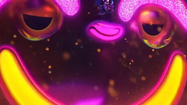 Glowing neon smiley face emoji in a 3d glass sphere, emitting vibrant multicolored lights, creating a cheerful and futuristic atmosphere