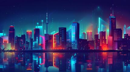 Fototapeta premium The artwork depicts a neon-lit city skyline reflecting on water, city at night 
