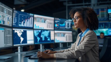 Confident Black Female Data Analyst Analyzing Information on Multiple Screens in a Monitoring Room