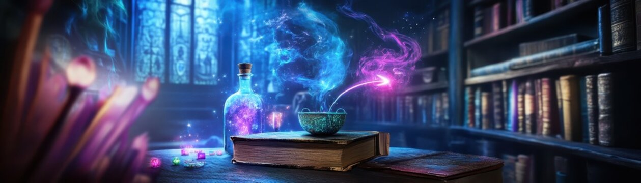 A mystical scene unfolds in wizard school, featuring glowing potion and magical elements. enchanting atmosphere invites readers to immerse themselves in world of spells and sorcery