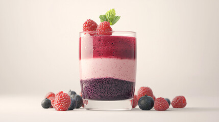 A realistic glass of berry smoothie with visible fruit layers, set against a soft white backdrop. 