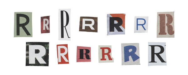 Set of isolated cut-out letter “R” from magazines on a transparent background, retro y2k style