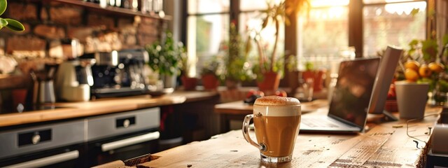 Cozy home kitchen with morning sunlight and cappuccino