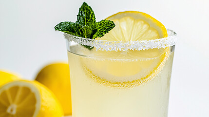 Close-up of a glass of traditional lemonade with a sugared rim and mint garnish, against a clean...