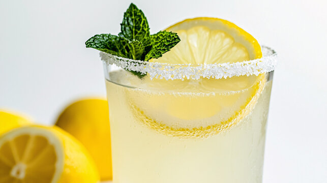 Close-up of a glass of traditional lemonade with a sugared rim and mint garnish, against a clean white backdrop. 