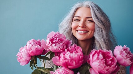 joyful grey-haired woman holding peonies, capturing the essence of mature beauty in an elegant and floral portrait