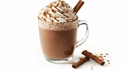 Photorealistic image of a glass of hot chocolate with whipped cream and a cinnamon stick, against a clean white background. 