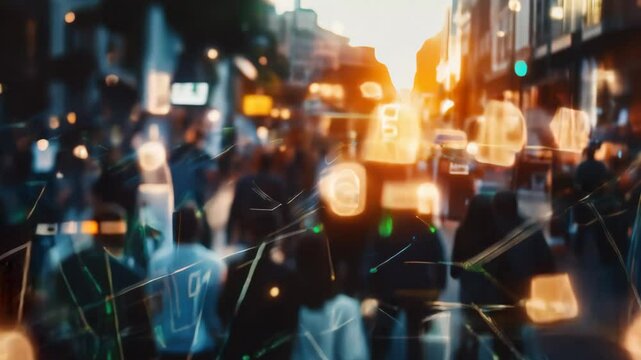 3D animation of a crowd of people with abstract light lines connecting them into a grid