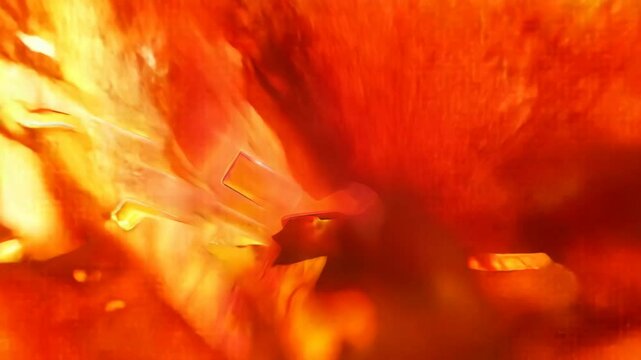 3D animation of a glass figure burning with bright flames in a dark space