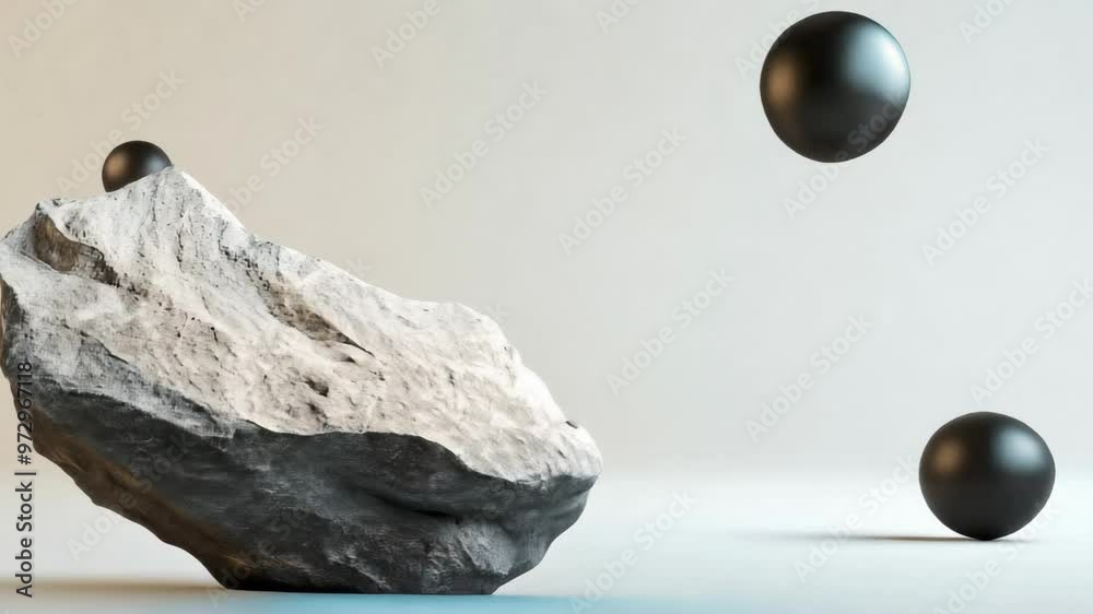 Wall mural 3d animation of a gray rock with floating black spheres against a background of minimalistic space