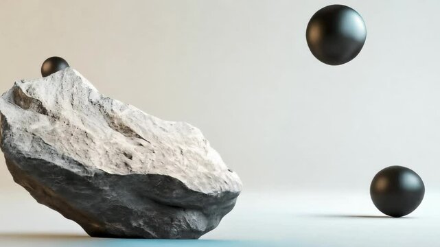 3D animation of a gray rock with floating black spheres against a background of minimalistic space