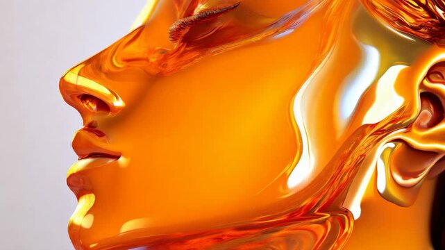 Abstract golden 3d female face with smooth and shiny texture, reflecting light in a futuristic, surreal style