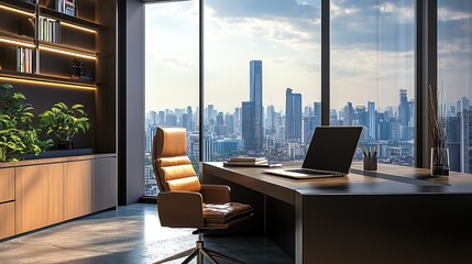 Plakat A modern office with a view of a city skyline at dusk.