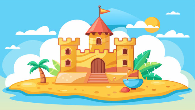 sandcastle on beach with palm tree clip art preview