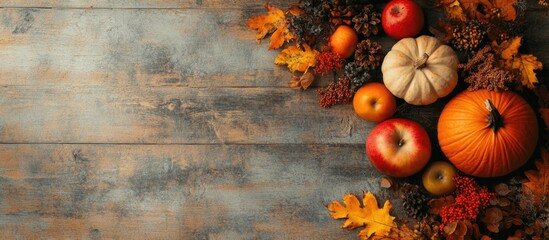 Thanksgiving. Autumn background with pumpkins, apples and leaves on wooden table, copy space.