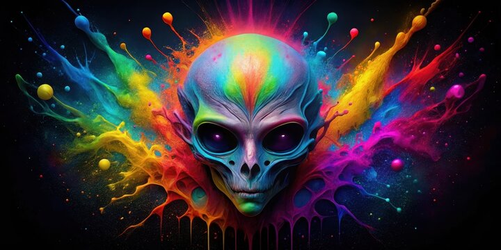 of an alien head with vibrant, multicolored splashes on a black background, alien, head, colorful, vibrant, splashes
