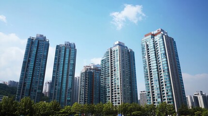A view of modern skyscrapers with trees in the foreground.