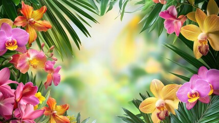 Tropical arch adorned with orchids and palm leaves, radiating vibrant colors in a lush setting.