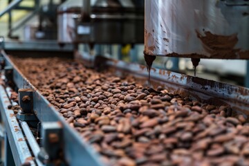 Cocoa Beans on Conveyor Belt in Chocolate Factory