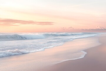 A calming scene of ocean waves gently rolling onto a sandy beach at sunset, with soft pastel colors in the sky. Perfect for promoting relaxation and tranquility