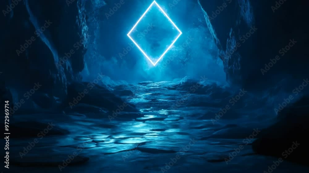 Wall mural 3d animation of a glowing blue rhombus in a cave with mystical light