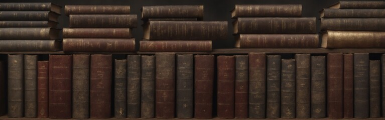 Vintage bookshelf with meticulously arranged old books in gold-c