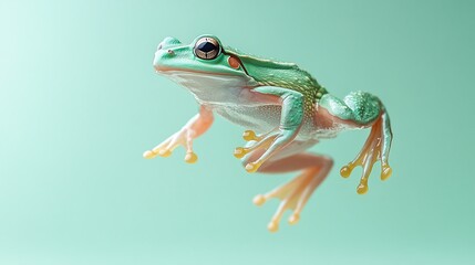 Fototapeta premium energetic frog leaping into the air on a light green pastel background, dynamic nature motion in wildlife action