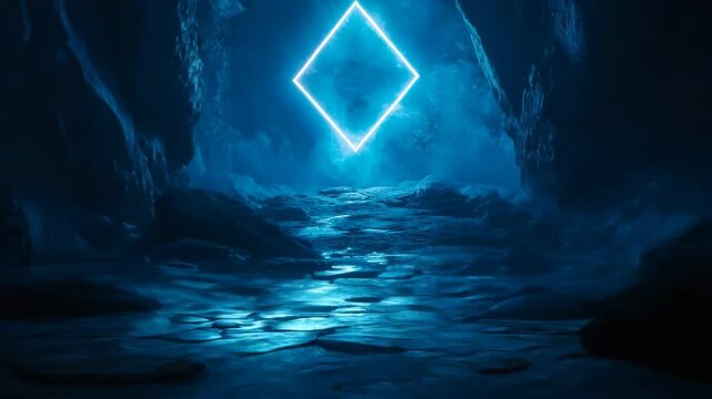 3d animation of a glowing blue rhombus in a cave with mystical light