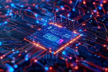 Technology background with futuristic circuit diagrams, a black hole with a bright blue and red light, Explore the principles of theoretical physics, Illuminated digital circuit board with dynamic 

