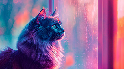 Point-of-view shot of a Persian Cat observing from a window, with an abstract style and pastel background, highlighting the cat’s gaze and the scene outside 