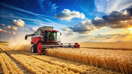 Fototapeta premium Combine harvester harvesting ripe wheat in a vast field, agriculture, machinery, farming, crop, harvest