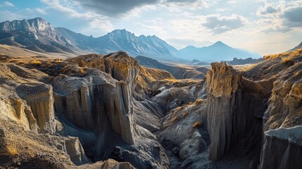 Obraz premium A rugged landscape with exposed rock formations, revealing the layers of the Earth's crust through erosion, set against a backdrop of mountains and sky.